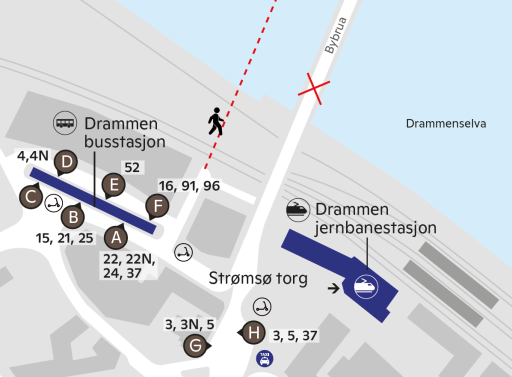 Plattformoversikt Drammen busstasjon og Strømsø torg.