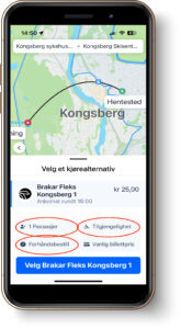 Skjermbilde som viser hvor i appen Brakar Fleks man skal trykke for å velge antall passasjerer, behov for assistanse og forhåndsbestilling.