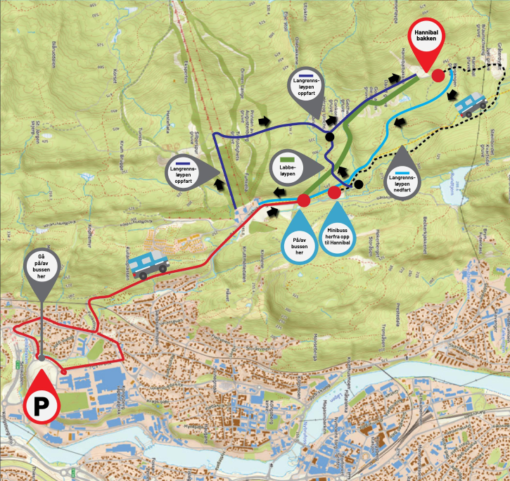 Bilde av kart som viser hvor skyttelbuss til K-Games i Kongsberg kjører. 