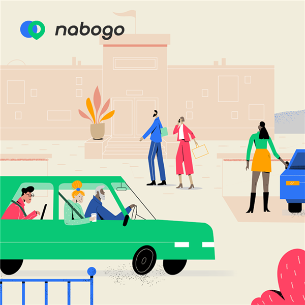 Illustrasjon som viser samkjøring med nabogo: Tre personer sitter smilende i en bil, to personer venter ved et stoppested, og en sjåfør står klar ved siden av bilen sin for å ønske passasjerer velkommen.