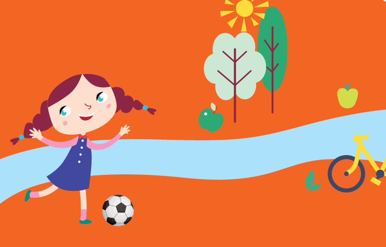 Illustrasjon av jenta som spiller fotball langs elvebredden.