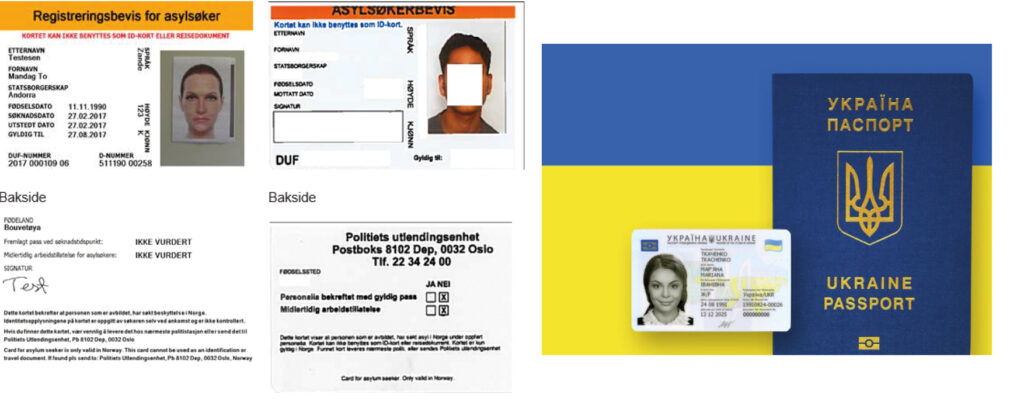 Bilde av registreringsbevis for asylsøkere og ukrainsk pass og ID-kort.